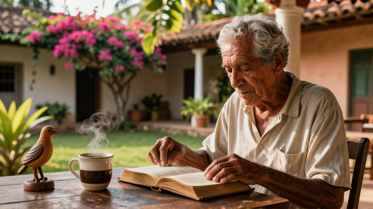 An elderly man sits on a tropical veranda reading a book next to a steaming mug of coffee.